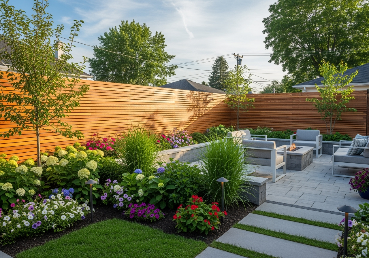 a modern backyard with a stylish wooden fence and a well-kept garden - Highway 1 California
