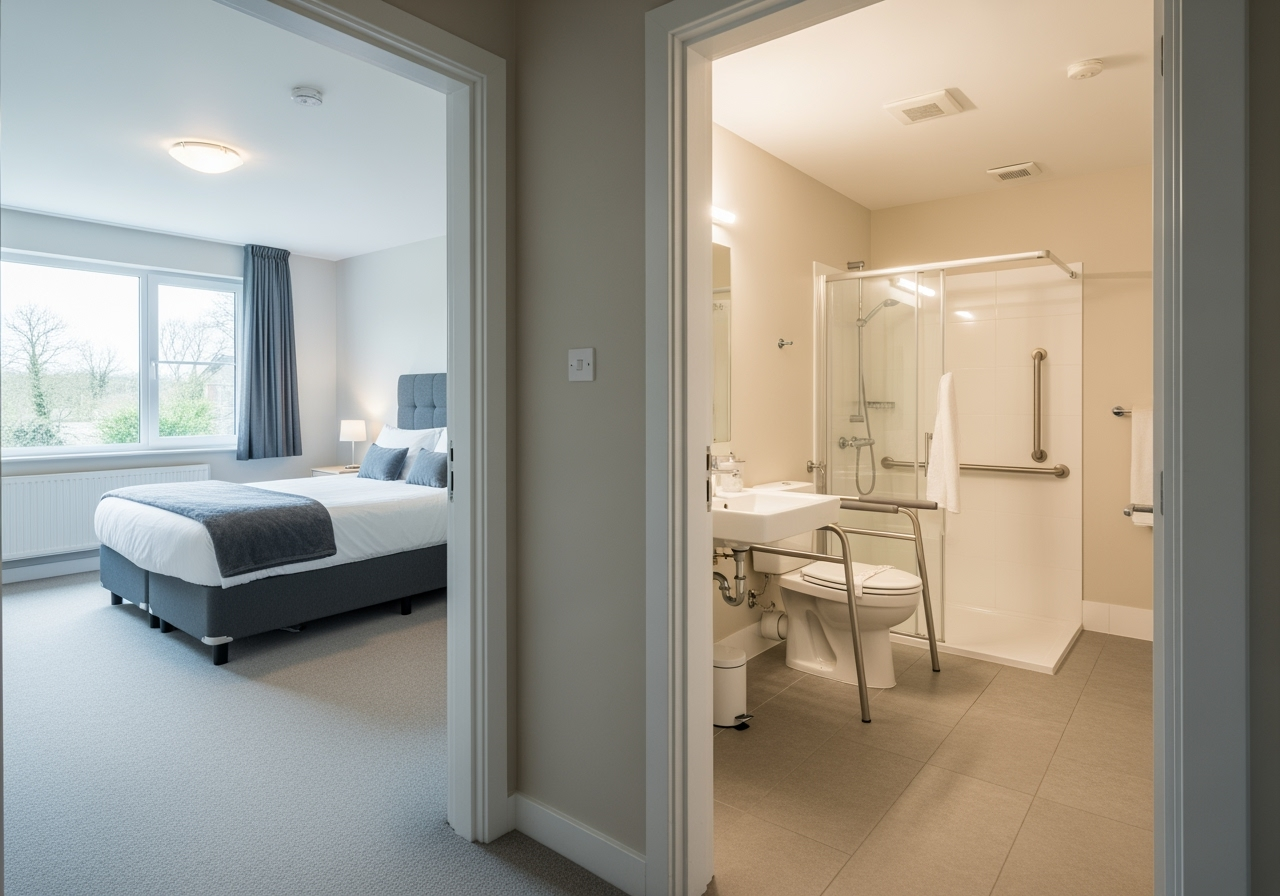 safe, accessible ground-floor bedroom with a clear, unobstructed path to a bathroom - downstairs memory care