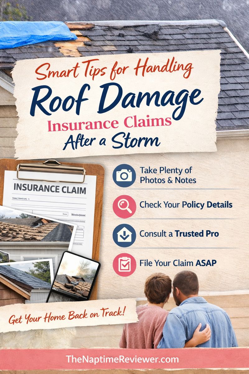 Pinterest graphic showing tips for handling roof damage insurance claims after a storm, including documenting damage, checking your insurance policy, consulting a professional, and filing a claim promptly for homeowners and families.