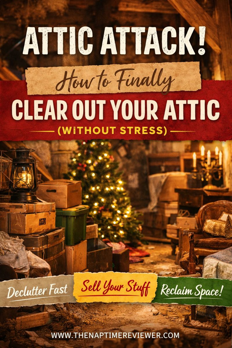 Cluttered attic filled with storage boxes and holiday décor featuring text that reads “Attic Attack! How to Finally Clear Out Your Attic (Without Stress)” with tips to declutter fast, sell items, and reclaim space.