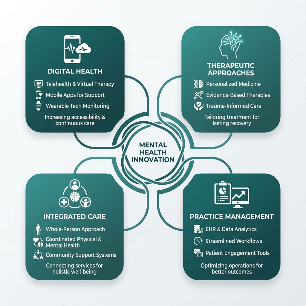 infographic explaining the key areas of mental health innovation: Digital Health, Therapeutic Approaches, Integrated Care, and Practice Management - East Tennessee alcohol rehab infographic