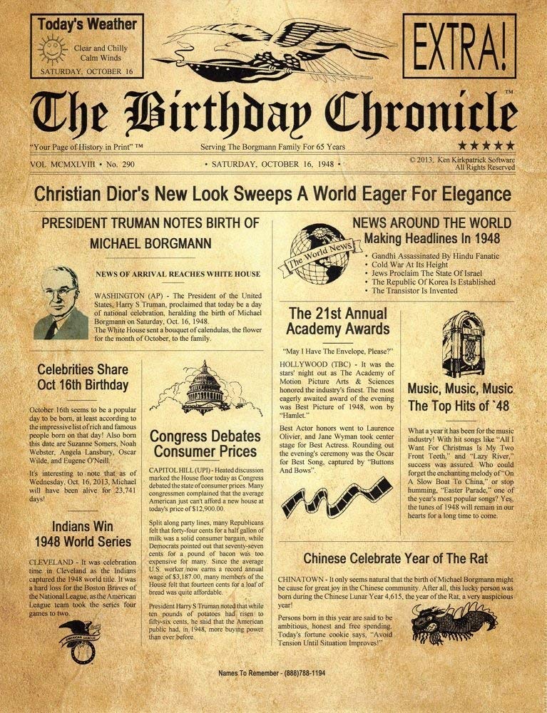 Printable Birthday Newspaper with Facts from the Day You Were Born