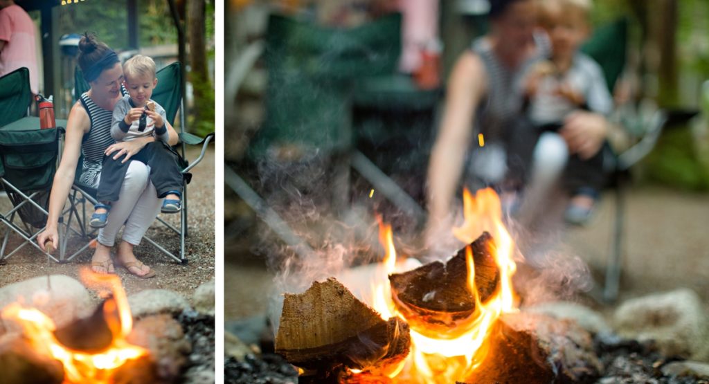 mother and son by the campfire