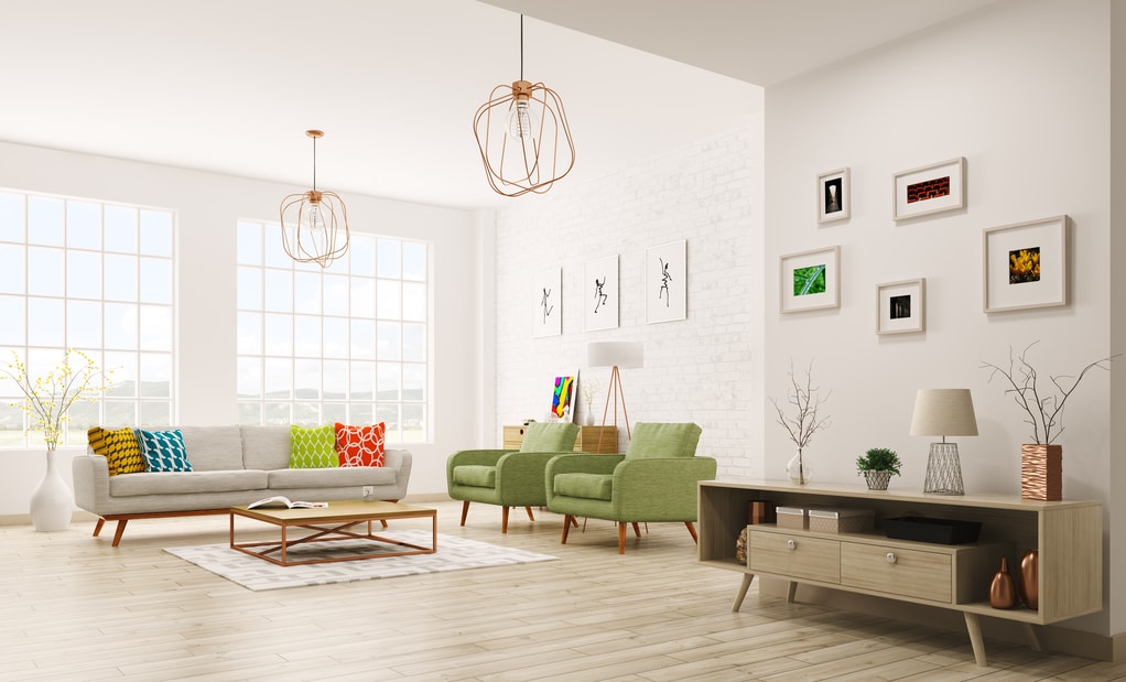 Modern interior of living room with sofa, armchairs, scandinavian style 3d rendering