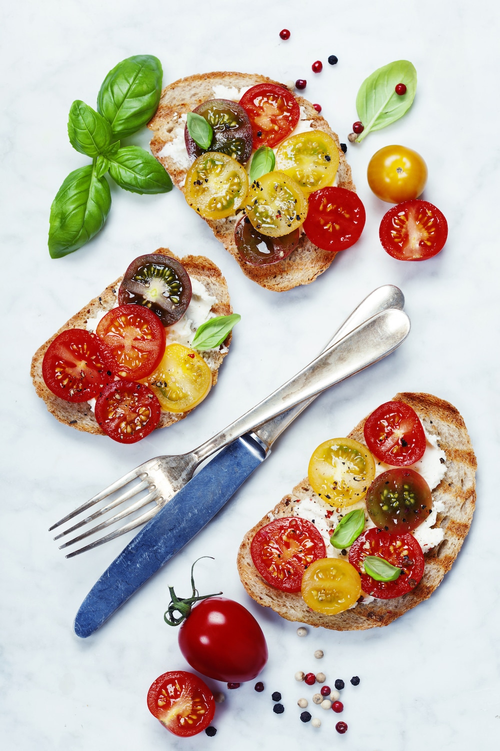 Tomato and basil sandwiches with ingredients - Italian, Vegetarian or Healthy food concept