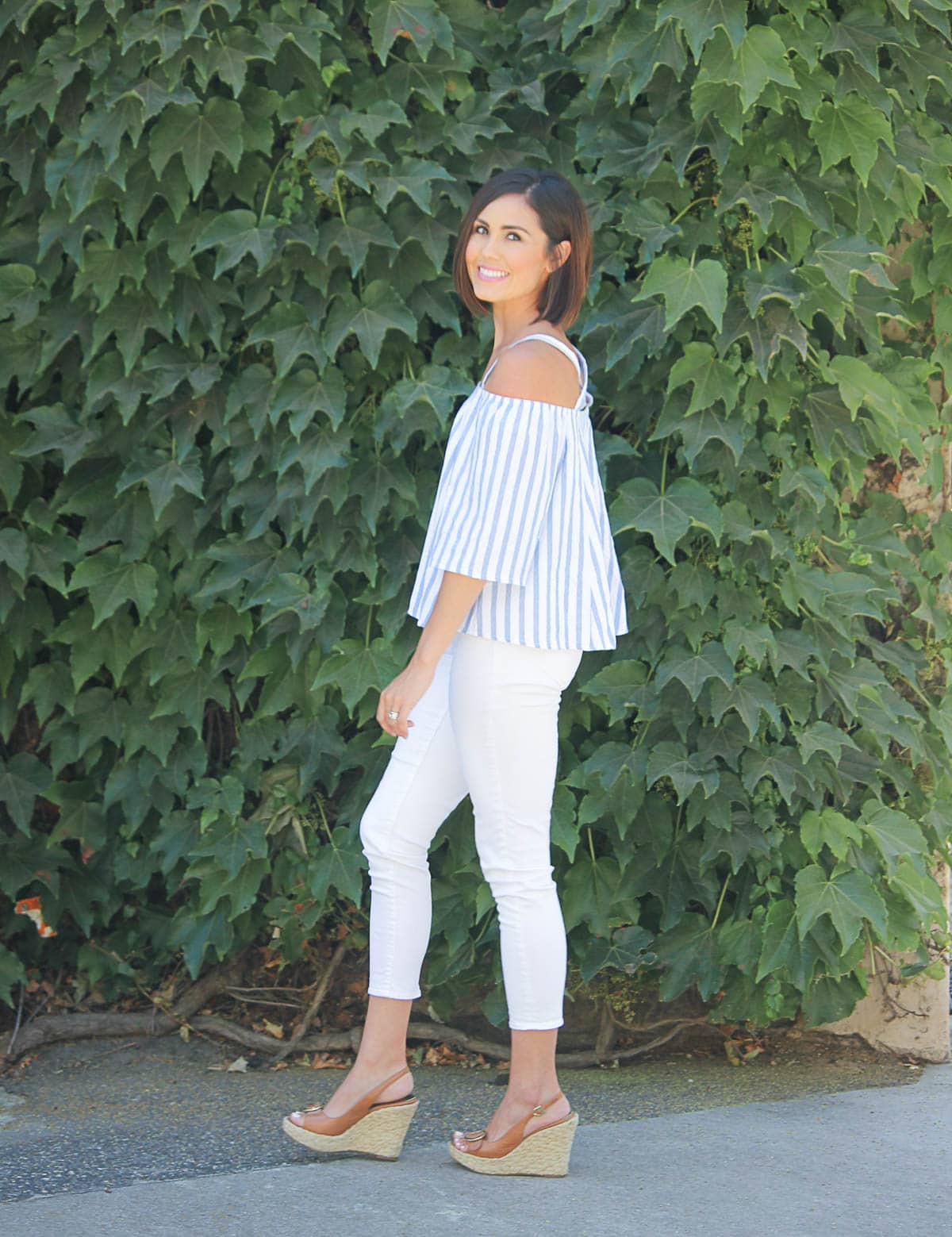 White Crops and Blue & White Cold Shoulder Top