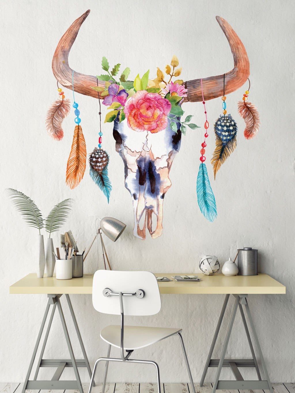 Skull and Feathers Wall Decal