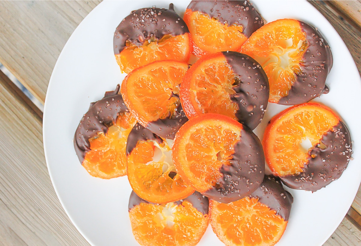 Candied Cuties with dipped in dark chocolate and sprinkled with sea salt.