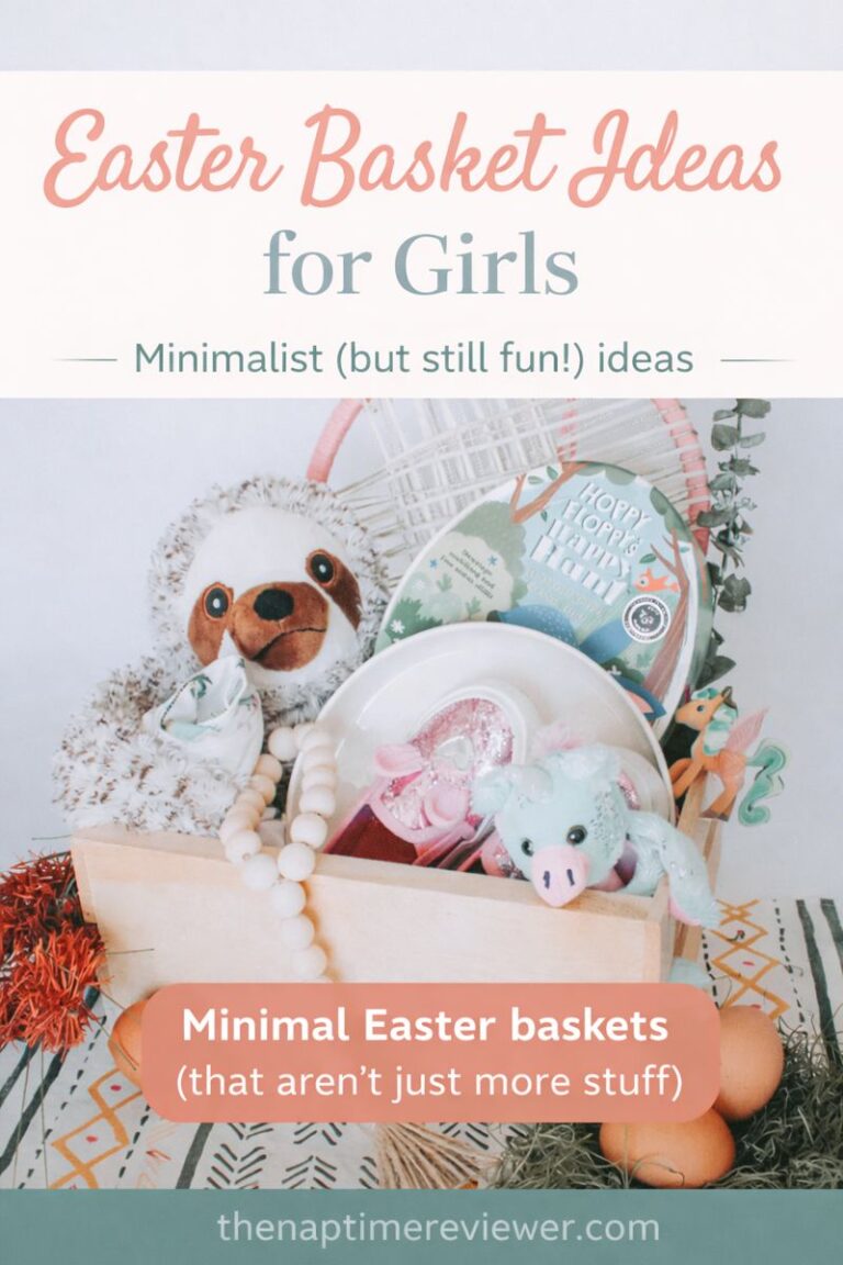 Minimalist Easter basket for girls featuring a wooden crate filled with a plush sloth, children’s Easter book, small toys, decor items, and soft neutral spring colors.