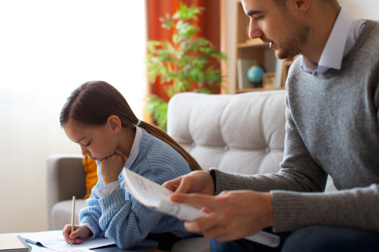 Side view girl learning math at home