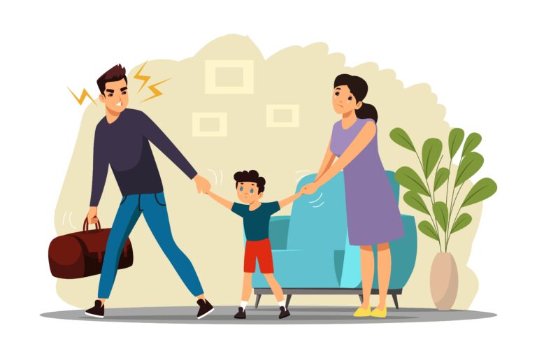 Angry man leaving family after conflict. Woman and man quarreling, father leaves thinking of divorce, child suffering, wife crying
