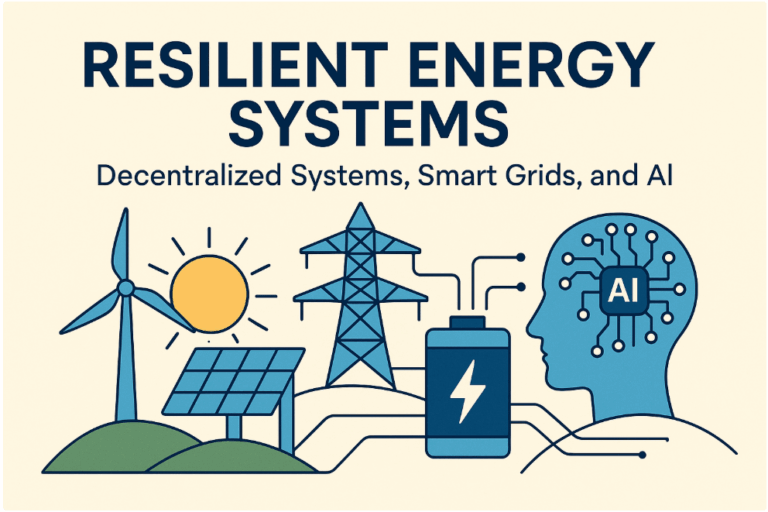Illustration showing decentralized energy systems with a wind turbine, solar panels, power transmission tower, battery storage, and an AI brain symbol, representing smart grid technology and energy resilience.