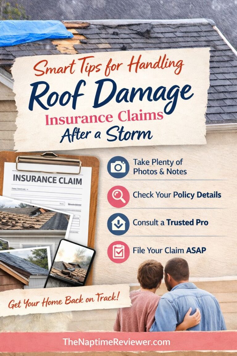 Pinterest graphic showing tips for handling roof damage insurance claims after a storm, including documenting damage, checking your insurance policy, consulting a professional, and filing a claim promptly for homeowners and families.