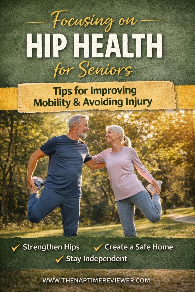 Smiling senior couple stretching outdoors with text about focusing on hip health for seniors to improve mobility, prevent injury, and stay independent.
