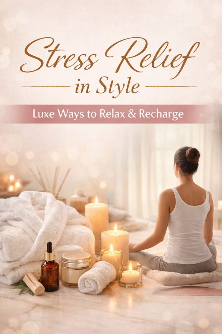 Woman meditating in a luxurious home spa setting surrounded by lit candles, plush robe, essential oils, and relaxing spa accessories, promoting high-end stress relief and wellness.